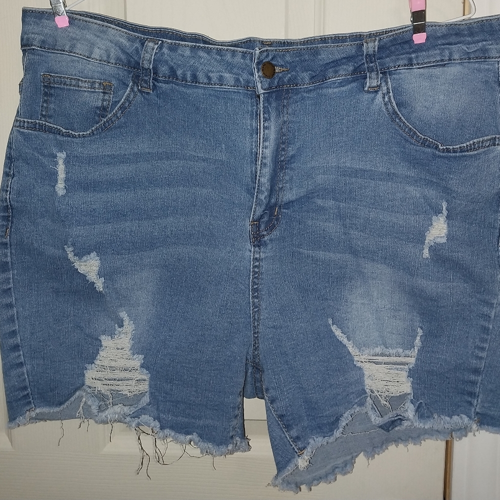 Womens Plus Size 2xl Shein Curve Blue Jean Shorts Worn Ripped Look